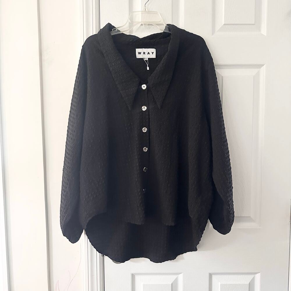 Wray Black Textured Button Down Pointed Collar Cotton Blouse Lagenlook NWOT XL